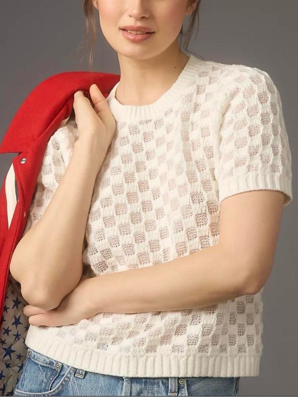 Anthropologie Crew Neck Short-Sleeve Textured Knit Top